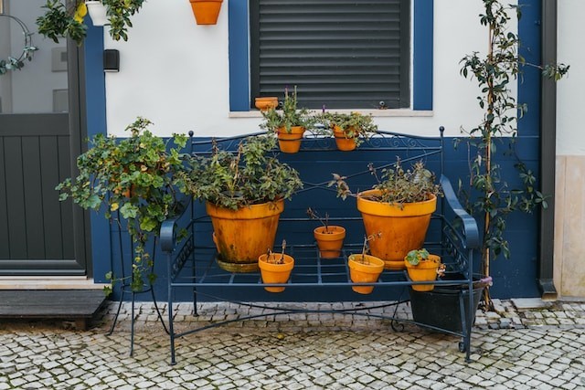 metal frame with pots