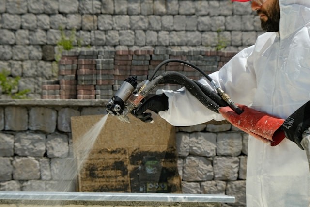 a-man-in-a-white-coverall-spraying-water-on-a-brick-wall